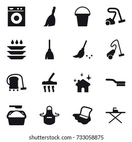 16 vector icon set : washing machine, broom, bucket, vacuum cleaner, plate washing, house cleaning, brush, washing powder, apron, floor washing, iron board