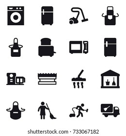 16 vector icon set : washing machine, fridge, vacuum cleaner, apron, sponge, utility room, brooming, home call cleaning