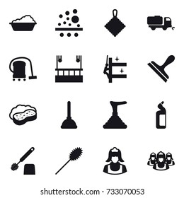 16 vector icon set : washing, rag, sweeper, vacuum cleaner, skyscapers cleaning, skyscrapers cleaning, scraper, sponge with foam, plunger, toilet cleanser, toilet brush, duster, cleaner, outsource