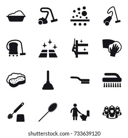 16 vector icon set : washing, vacuum cleaner, clean floor, skyscrapers cleaning, wiping, sponge with foam, plunger, brush, toilet brush, duster, toilet cleaning, outsource