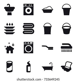 16 vector icon set : washing machine, washing, bucket, plate washing, towel, house cleaning, brush, cleanser powder, toilet cleanser, bath, floor washing