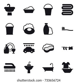 16 vector icon set : washing, bucket, towel, soap, shampoo, tooth brush, dish cleanser, car wash, sponge with foam, drying clothe, brush, water tap sink, bath, handle washing