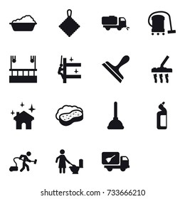 16 vector icon set : washing, rag, sweeper, vacuum cleaner, skyscapers cleaning, skyscrapers cleaning, scraper, house cleaning, sponge with foam, plunger, toilet cleanser, toilet cleaning