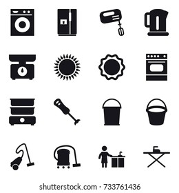 16 vector icon set : washing machine, fridge, mixer, kettle, kitchen scales, bucket, vacuum cleaner, kitchen cleaning, iron board