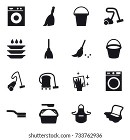 16 vector icon set : washing machine, broom, bucket, vacuum cleaner, plate washing, wiping, brush, washing powder, apron, floor washing