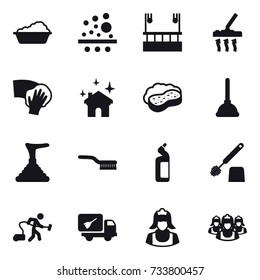 16 vector icon set : washing, skyscapers cleaning, vacuum cleaner, wiping, house cleaning, sponge with foam, plunger, brush, toilet cleanser, toilet brush, home call cleaning, cleaner, outsource 16 vector icon set : washing, skyscapers cleaning, vacuum cleaner, wiping, house cleaning, sponge with foam, plunger, brush, toilet cleanser, toilet brush, home call cleaning, cleaner, outsource