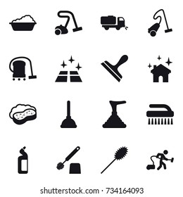 16 vector icon set : washing, vacuum cleaner, sweeper, clean floor, scraper, house cleaning, sponge with foam, plunger, brush, toilet cleanser, toilet brush, duster