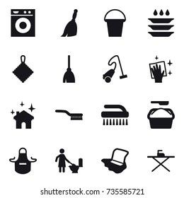 16 vector icon set : washing machine, broom, bucket, plate washing, rag, vacuum cleaner, wiping, house cleaning, brush, washing powder, apron, toilet cleaning, floor washing, iron board