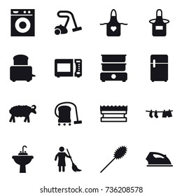 16 vector icon set : washing machine, vacuum cleaner, apron, sheep, sponge, drying clothe, water tap sink, brooming, duster, iron