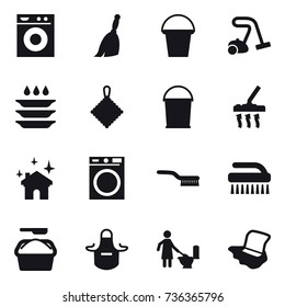 16 vector icon set : washing machine, broom, bucket, vacuum cleaner, plate washing, rag, house cleaning, brush, washing powder, apron, toilet cleaning, floor washing