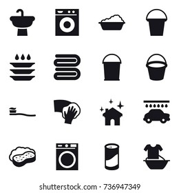 16 vector icon set : washing machine, washing, bucket, plate washing, towel, tooth brush, wiping, house cleaning, car wash, sponge with foam, cleanser powder, handle washing