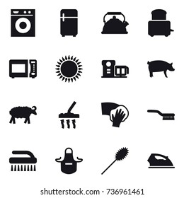 16 vector icon set : washing machine, fridge, kettle, pig, sheep, vacuum cleaner, wiping, brush, apron, duster, iron