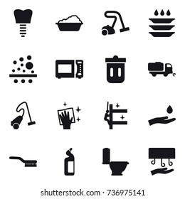 16 vector icon set : washing, vacuum cleaner, plate washing, trash bin, sweeper, wiping, skyscrapers cleaning, hand and drop, brush, toilet cleanser, toilet, hand dryer