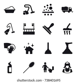 16 vector icon set : washing, vacuum cleaner, sweeper, skyscapers cleaning, scraper, wiping, house cleaning, plunger, toilet cleanser, duster, toilet cleaning, cleaner