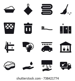 16 vector icon set : washing, rag, towel, broom, trash bin, tooth brush, clean  window, skyscrapers cleaning, wiping, car wash, utility room, sponge with foam, hand and drop, hand dryer