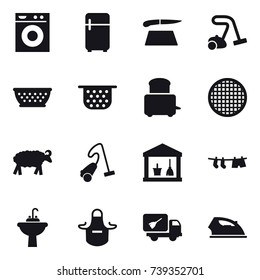 16 vector icon set : washing machine, fridge, cutting board, vacuum cleaner, kolander, colander, sheep, utility room, drying clothe, water tap sink, apron, home call cleaning, iron