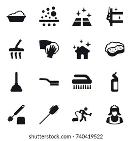 16 vector icon set : washing, clean floor, skyscrapers cleaning, vacuum cleaner, wiping, house cleaning, sponge with foam, plunger, brush, toilet cleanser, toilet brush, duster, cleaner