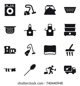 16 vector icon set : washing machine, vacuum cleaner, kettle, kolander, colander, apron, sponge, drying clothe, duster, home call cleaning