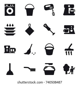 16 vector icon set : washing machine, bucket, mixer, coffee maker, plate washing, rag, broom, vacuum cleaner, plunger, brush, washing powder, garden cleaning
