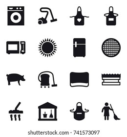 16 vector icon set : washing machine, vacuum cleaner, apron, pig, sponge, utility room, brooming