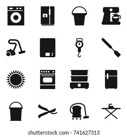 16 vector icon set : washing machine, fridge, bucket, coffee maker, vacuum cleaner, kitchen scales, handle scales, spatula, pruner, iron board