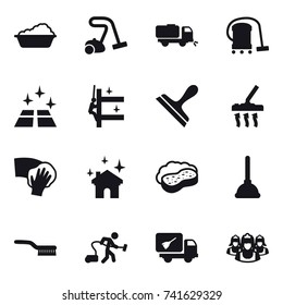 16 vector icon set : washing, vacuum cleaner, sweeper, clean floor, skyscrapers cleaning, scraper, wiping, house cleaning, sponge with foam, plunger, brush, home call cleaning, outsource