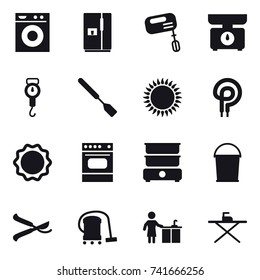 16 vector icon set : washing machine, fridge, mixer, kitchen scales, handle scales, spatula, bucket, pruner, vacuum cleaner, kitchen cleaning, iron board