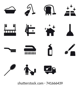 16 vector icon set : washing, vacuum cleaner, clean floor, skyscapers cleaning, skyscrapers cleaning, house cleaning, plunger, brush, toilet cleanser, toilet brush, duster, toilet cleaning
