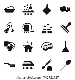 16 vector icon set : washing, rag, sweeper, vacuum cleaner, clean floor, scraper, wiping, house cleaning, sponge with foam, plunger, brush, toilet brush, duster