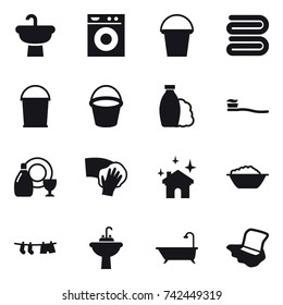 16 vector icon set : washing machine, bucket, towel, shampoo, tooth brush, dish cleanser, wiping, house cleaning, foam basin, drying clothe, water tap sink, bath, floor washing