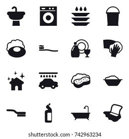 16 vector icon set : washing machine, plate washing, bucket, soap, tooth brush, dish cleanser, wiping, house cleaning, car wash, sponge with foam, foam basin, brush, toilet cleanser, bath