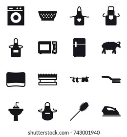 16 vector icon set : washing machine, kolander, apron, sheep, sponge, drying clothe, brush, water tap sink, duster, iron