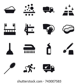 16 vector icon set : washing, sweeper, clean floor, skyscapers cleaning, skyscrapers cleaning, wiping, sponge with foam, plunger, brush, toilet cleanser, toilet brush, duster, vacuum cleaner