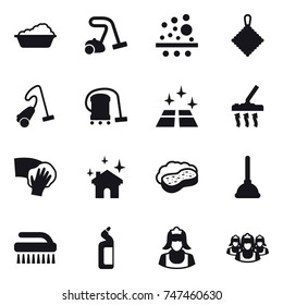 16 vector icon set : washing, vacuum cleaner, rag, clean floor, wiping, house cleaning, sponge with foam, plunger, brush, toilet cleanser, cleaner, outsource