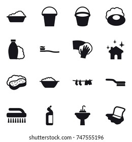 16 vector icon set : washing, bucket, soap, shampoo, tooth brush, wiping, house cleaning, sponge with foam, foam basin, drying clothe, brush, toilet cleanser, water sink tap, floor washing
