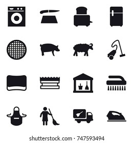 16 vector icon set : washing machine, cutting board, pig, sheep, vacuum cleaner, sponge, utility room, brush, apron, sweeping, home call cleaning, iron