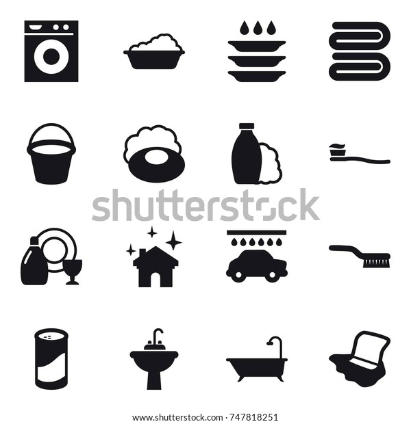 16\
vector icon set : washing machine, washing, plate washing, towel,\
bucket, soap, shampoo, tooth brush, dish cleanser, house cleaning,\
car wash, brush, cleanser powder, water tap sink,\
bath