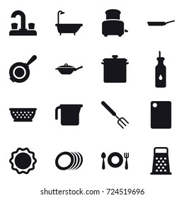 16 vector icon set : water tap, bath, toaster, pan, kolander, measuring cup, big fork, cutting board