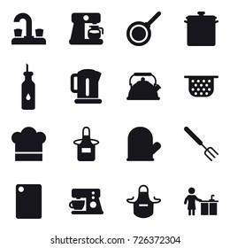 16 vector icon set : water tap, coffee maker, pan, kettle, colander, cook hat, apron, cook glove, big fork, cutting board, kitchen cleaning