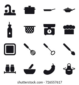 16 vector icon set : water tap, pan, colander, kitchen scales, chef  hat, cutting board, whisk, big spoon, mortar, eggplant, apron