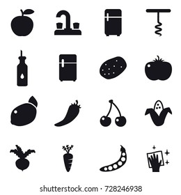 16 vector icon set : water tap, fridge, corkscrew, hot pepper, cherry, corn, beet, carrot, peas, wiping