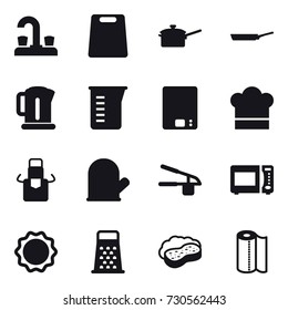 16 vector icon set : water tap, cutting board, saute pan, pan, kettle, measuring cup, kitchen scales, cook hat, apron, cook glove, garlic clasp, sponge with foam, paper towel