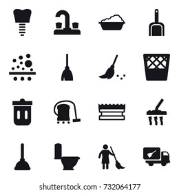 16 vector icon set : water tap, washing, scoop, broom, trash bin, vacuum cleaner, sponge, plunger, toilet, brooming, home call cleaning