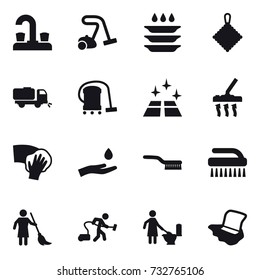 16 vector icon set : water tap, vacuum cleaner, plate washing, rag, sweeper, clean floor, wiping, hand and drop, brush, brooming, toilet cleaning, floor washing