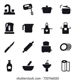 16 vector icon set : water tap, mixer, pan, steam pan, kettle, measuring cup, apron, knife, rolling pin, mortar, water tap sink, paper towel