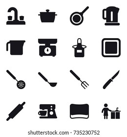 16 vector icon set : water tap, pan, kettle, measuring cup, kitchen scales, apron, cutting board, skimmer, ladle, big fork, knife, rolling pin, sponge, kitchen cleaning