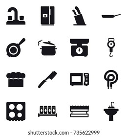 16 vector icon set : water tap, fridge, stands for knives, pan, steam pan, kitchen scales, handle scales, chef  hat, chef knife, sponge, water tap sink