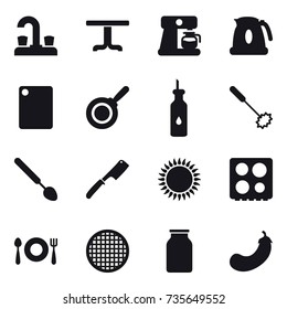 16 vector icon set : water tap, table, coffee maker, kettle, cutting board, pan, whisk, big spoon, chef knife, eggplant