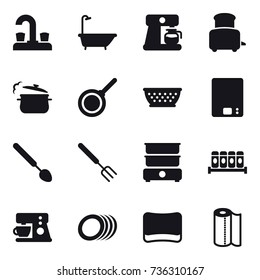 16 vector icon set : water tap, bath, coffee maker, toaster, steam pan, pan, kolander, kitchen scales, big spoon, big fork, sponge, paper towel