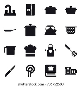 16 vector icon set : water tap, fridge, pan, kettle, colander, measuring cup, cook hat, apron, whisk, knife